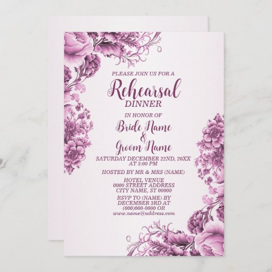Probe Dinner Party Rosa Blume Rahmen elegant Einladung (Vorne/Hinten)