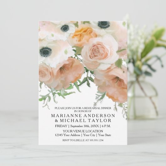 Probe Dinner Pastel Petals Englisch Rose Blume Einladung (Stehend Vorderseite)