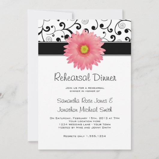 Probe Dinner Pink Gerbera Daisy Black Scroll Einladung (Vorderseite)