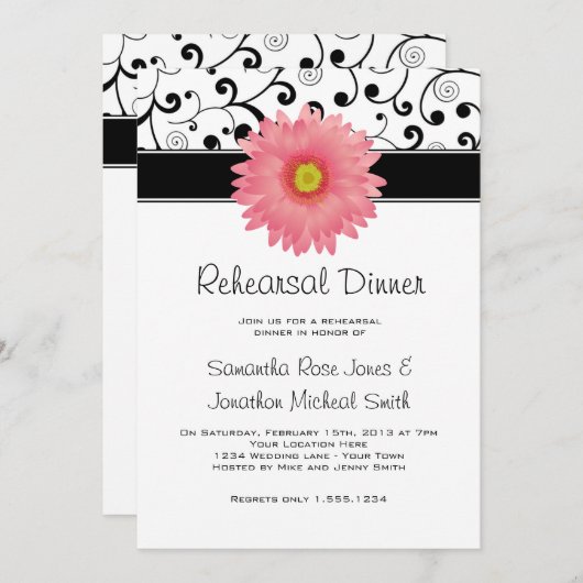 Probe Dinner Pink Gerbera Daisy Black Scroll Einladung (Vorne/Hinten)