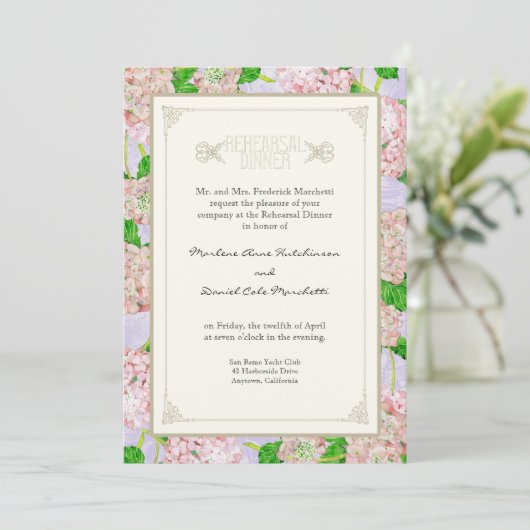 Probe Dinner - Pink Hydrangea Spitz Floral Einladung (Stehend Vorderseite)