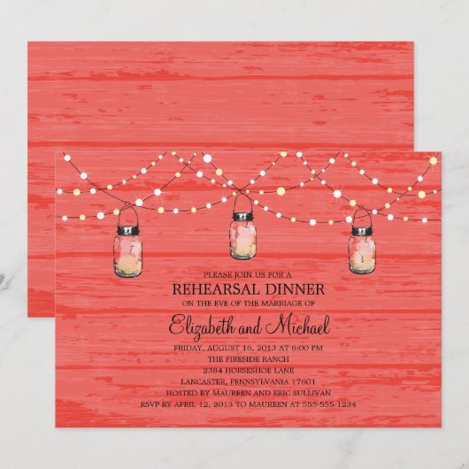 Probe Dinner Rustikale Holz Mason Jar und Lights Einladung (Vorne/Hinten)