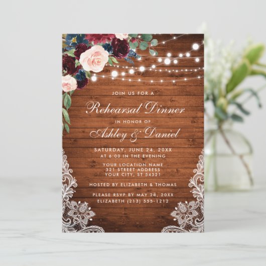 Probe Dinner Rustikale Holzleuchten Spitzen Blumen Einladung (Stehend Vorderseite)