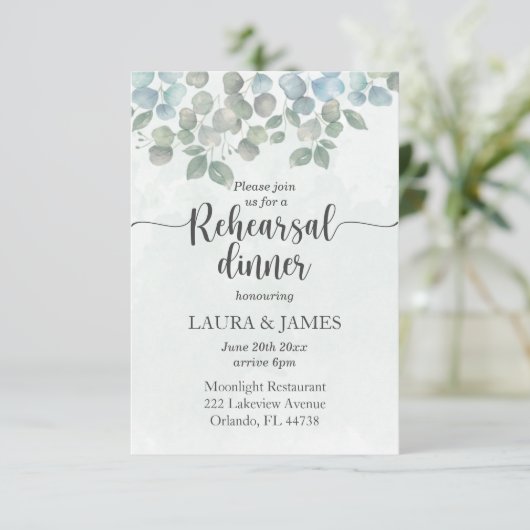 Probe Dinner Sage Green Eukalyptus Einladung (Stehend Vorderseite)