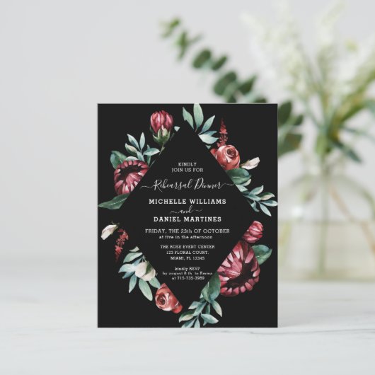 Probe-Dinner Schwarzer Flora Einladung (Stehend Vorderseite)