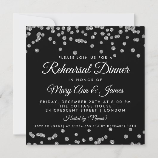 Probe Dinner Silver Glitzer Confetti Black Einladung (Vorderseite)
