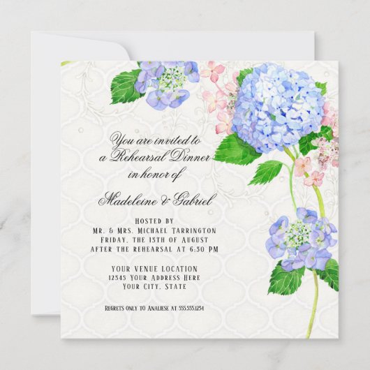 Probe Dinner Summer Blue Hydrangea Wasserfarbe Einladung (Vorderseite)