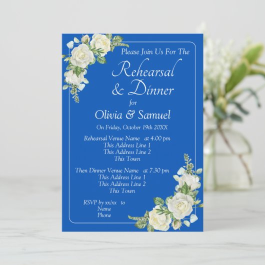 Probe Einladungskarte Cobalt Blue & White Rose Einladung (Stehend Vorderseite)