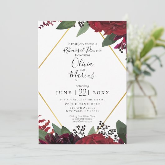 PROBE | Elegant Rich Burgundy Marsala Floral Einladung (Stehend Vorderseite)