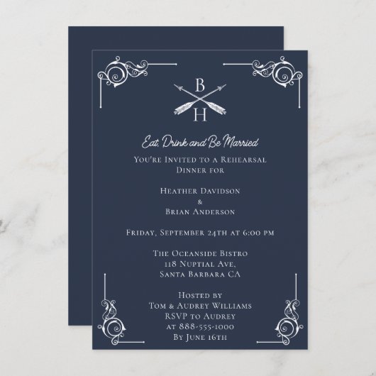 Probe für Navy Monogramme und Pfeile Einladung (Vorne/Hinten)