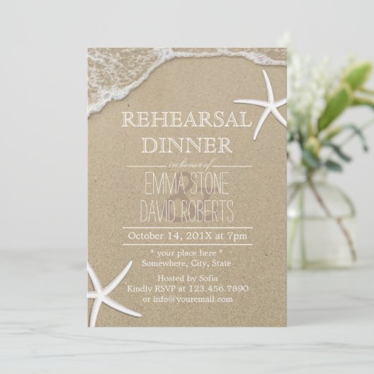 Probe Hochzeit am Strand Abendessen Starfish & Wav Einladung (Stehend Vorderseite)