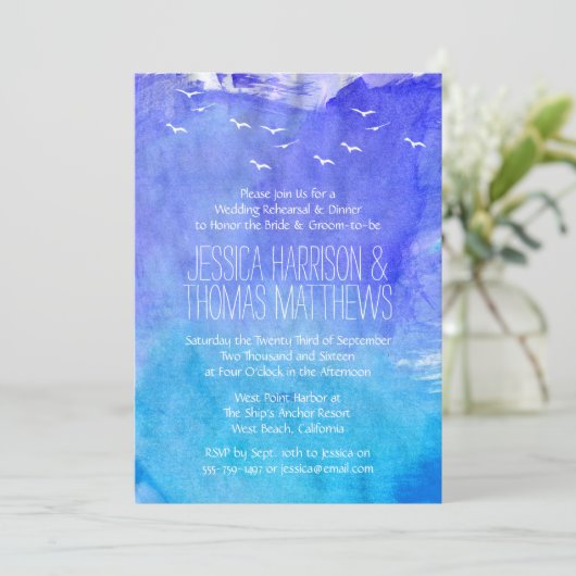 Probe Hochzeitsessen am Strand Einladung (Stehend Vorderseite)