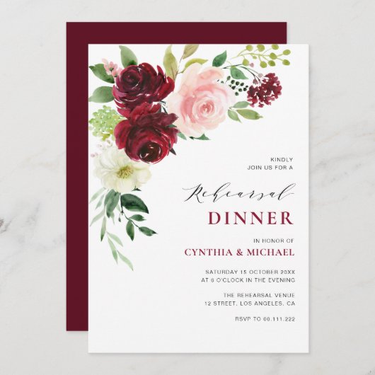 Probe in Bordeaux und Rosa Einladung (Vorne/Hinten)