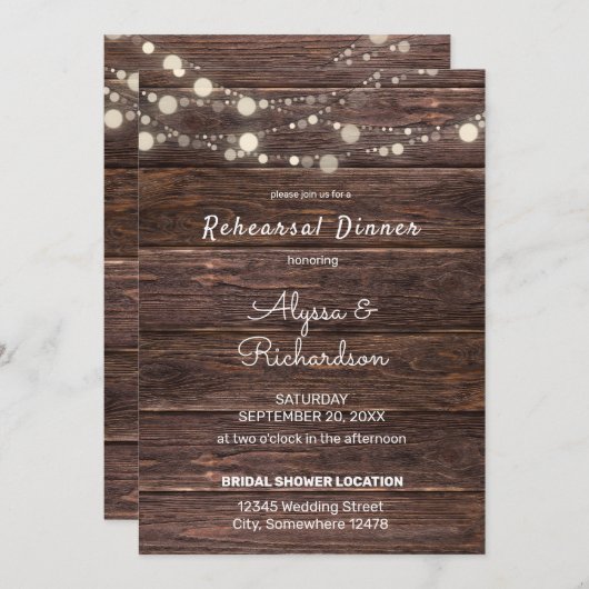 Probe mit Holzlace & String Lights Einladung (Vorne/Hinten)