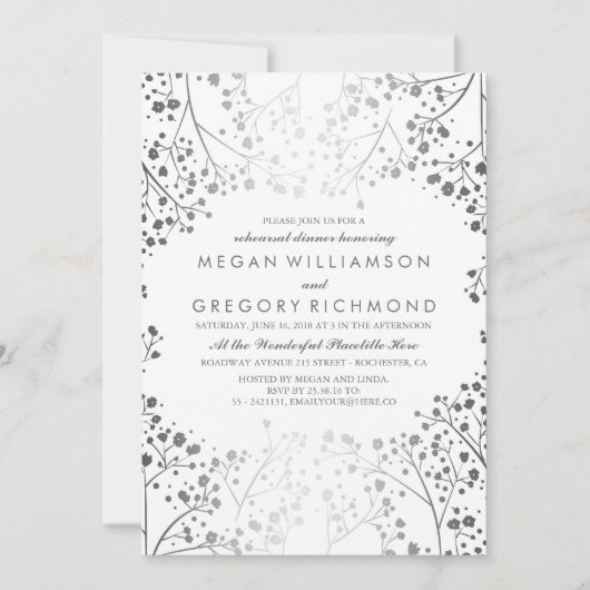 Probe mit weißem und silberfarbenem Gipskraut Einladung (Vorderseite)