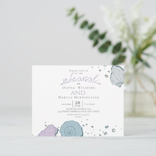 Probe | Modern Seashells Dusty Blue Lilac Einladung (Stehend Vorderseite)