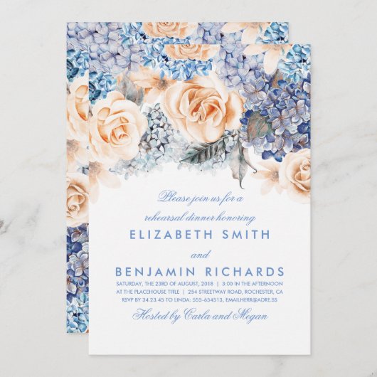 Probe Peach and Blue Floral Einladung (Vorne/Hinten)