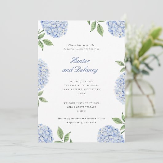 Probedinner Klassische Blaue Hortensienblüte Einladung (Stehend Vorderseite)