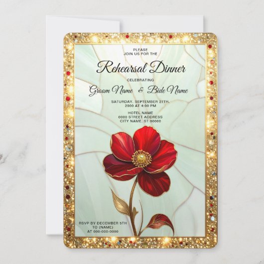 Probedinner mit roter Bleiglasblume Einladung (Vorderseite)