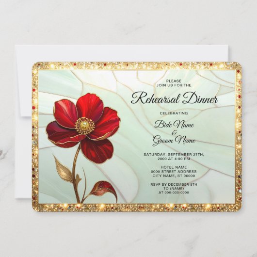 Probedinner mit roter Blumenfenstermalerei Einladung (Vorderseite)