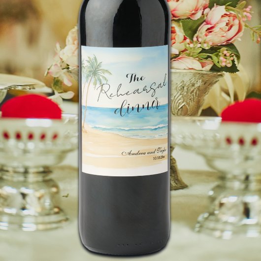 Probedinner Strand und Palmen Hochzeit Weinetikett