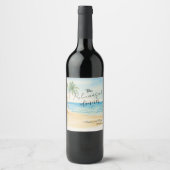 Probedinner Strand und Palmen Hochzeit Weinetikett (Vorderseite)
