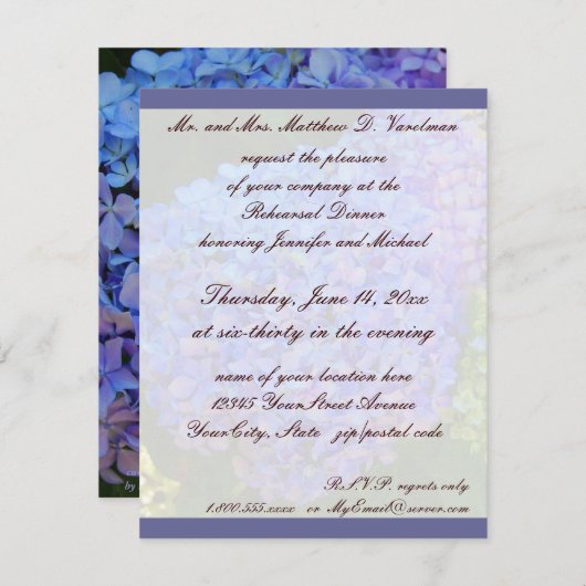 Proben-Abendessen-BlauHydrangea Einladung (Vorne/Hinten)