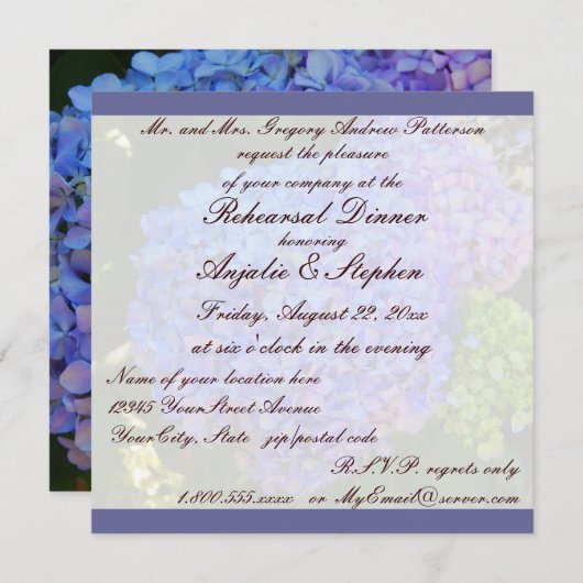 Proben-Abendessen-BlauHydrangea Einladung (Vorne/Hinten)