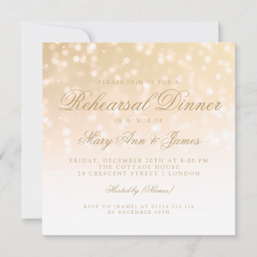 Proben-Abendessen-GoldBokeh Schein-Lichter Einladung (Vorderseite)