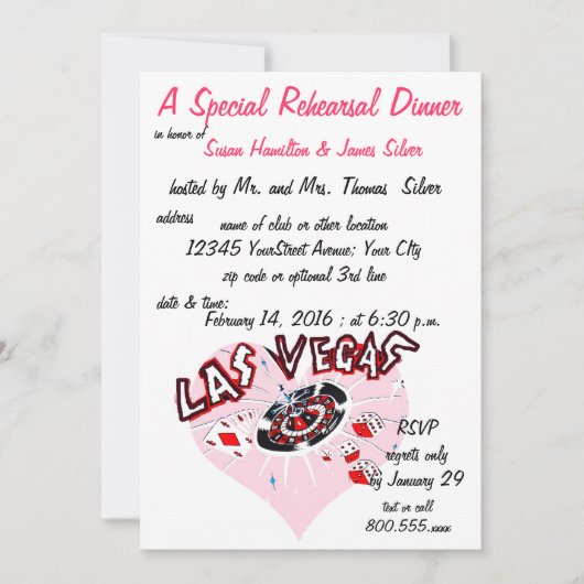 Proben-Abendessen-Kasino-Thema-Rosa-Herz Einladung (Vorderseite)