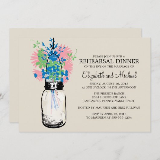 Proben-Abendessen-Maurer-Glas-Wildblumen Einladung (Vorne/Hinten)