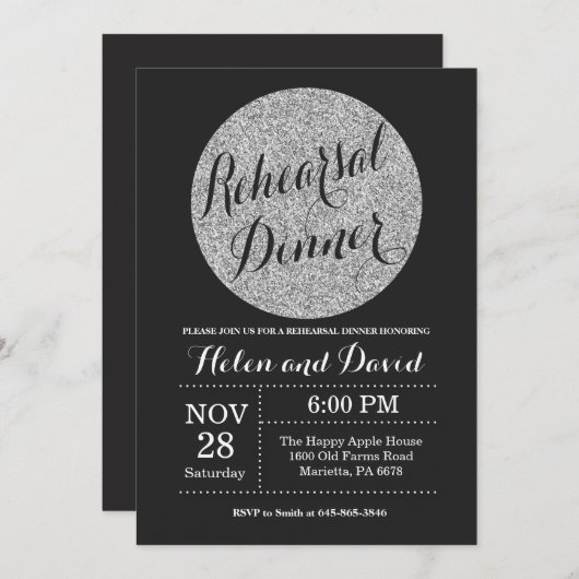 Proben-Abendessen-schwarzer und silberner Glitzer Einladung (Vorne/Hinten)