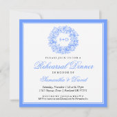Proben-Abendessen-Vintages Blumenmonogramm-Blau Einladung (Vorderseite)