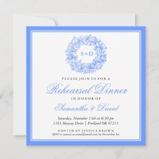 Proben-Abendessen-Vintages Blumenmonogramm-Blau Einladung (Vorderseite)