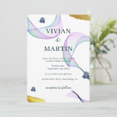 Probieren Sie die lila, goldene Hochzeit Einladung (Stehend Vorderseite)