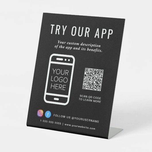 Probieren Sie unser App QR-Logo-Schwarz aus Sockelschild (Vorderseite)