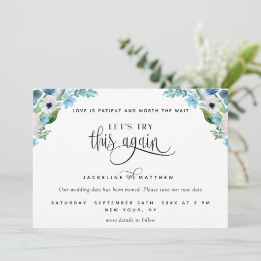 Probieren wir es noch einmal aus: Weiße und blaue Save The Date (Stehend Vorderseite)