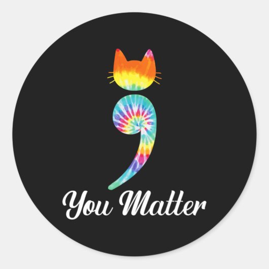 Problem Semicolon Gefärbte Krawatte Katze Suizidpr Runder Aufkleber (Vorderseite)