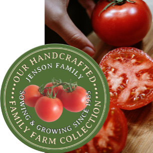 Produkte der Familie, die auf dem Etikett Tomaten/ Runder Aufkleber