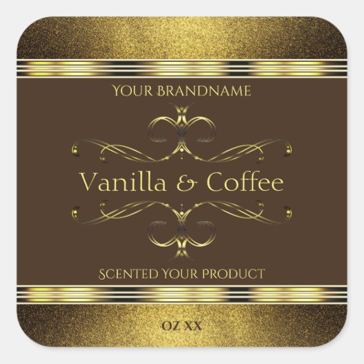 Produktkennzeichnungen für dunkelbraune und golden quadratischer aufkleber (Vorderseite)