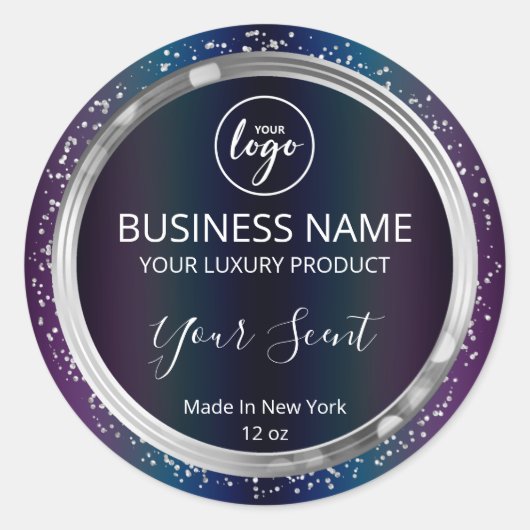 Produktkennzeichnungen für Shiny Oil Slick Silver Runder Aufkleber (Vorderseite)