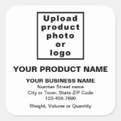 Produktname, Foto und Minimaltexte auf Weiß Quadratischer Aufkleber (Vorderseite)