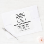 Produktname, Foto und Minimaltexte auf Weiß Quadratischer Aufkleber (Umschlag)