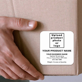 Produktname, Foto und Minimaltexte auf Weiß Quadratischer Aufkleber