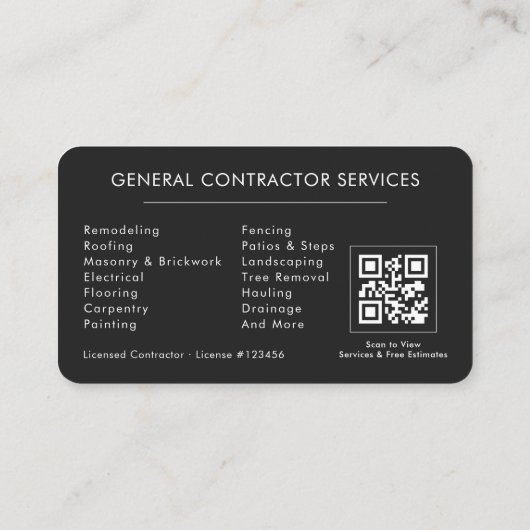Professional Black & Silver Contractor QR Code Visitenkarte (Rückseite)