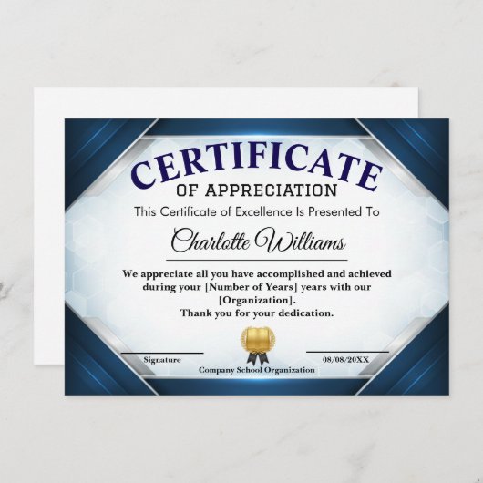 Professional Blue Appreciation Certificate Begleitkarte (Vorne/Hinten)