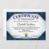 Professional Blue Appreciation Certificate Einladung (Vorne/Hinten)