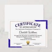 Professional Certificate of Appreciation Award Begleitkarte (Vorne/Hinten)