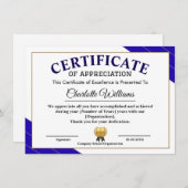 Professional Certificate of Appreciation Award Begleitkarte (Vorne/Hinten)