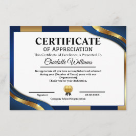 Professional Certificate of Appreciation Blue Gold Begleitkarte
